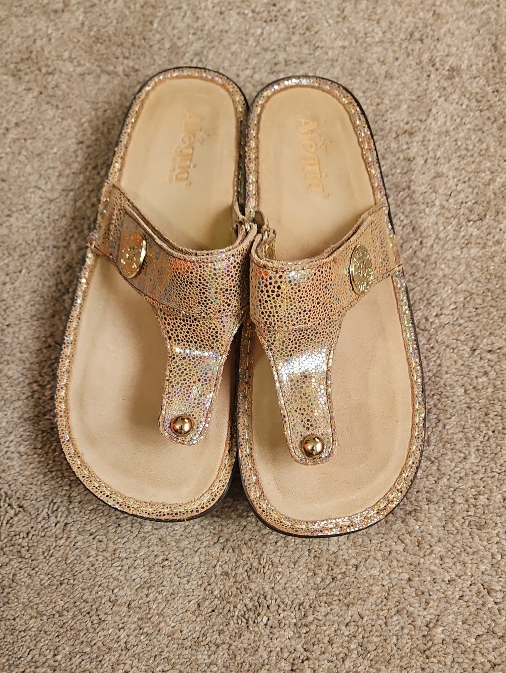 Alegria Gold Glitter Thong Sandals